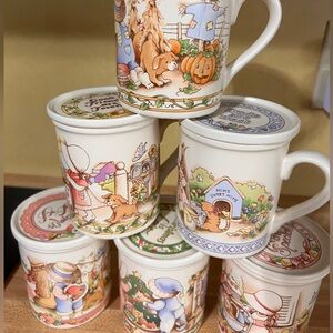 Vintage Watkins Country Kids Collector Mugs & coasters/lids set of 6 coffee tea